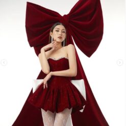 ชุดเดรส สีแดง เพรช โบว์ใหญ่ Brand LANE CI 2133 Size L BKK