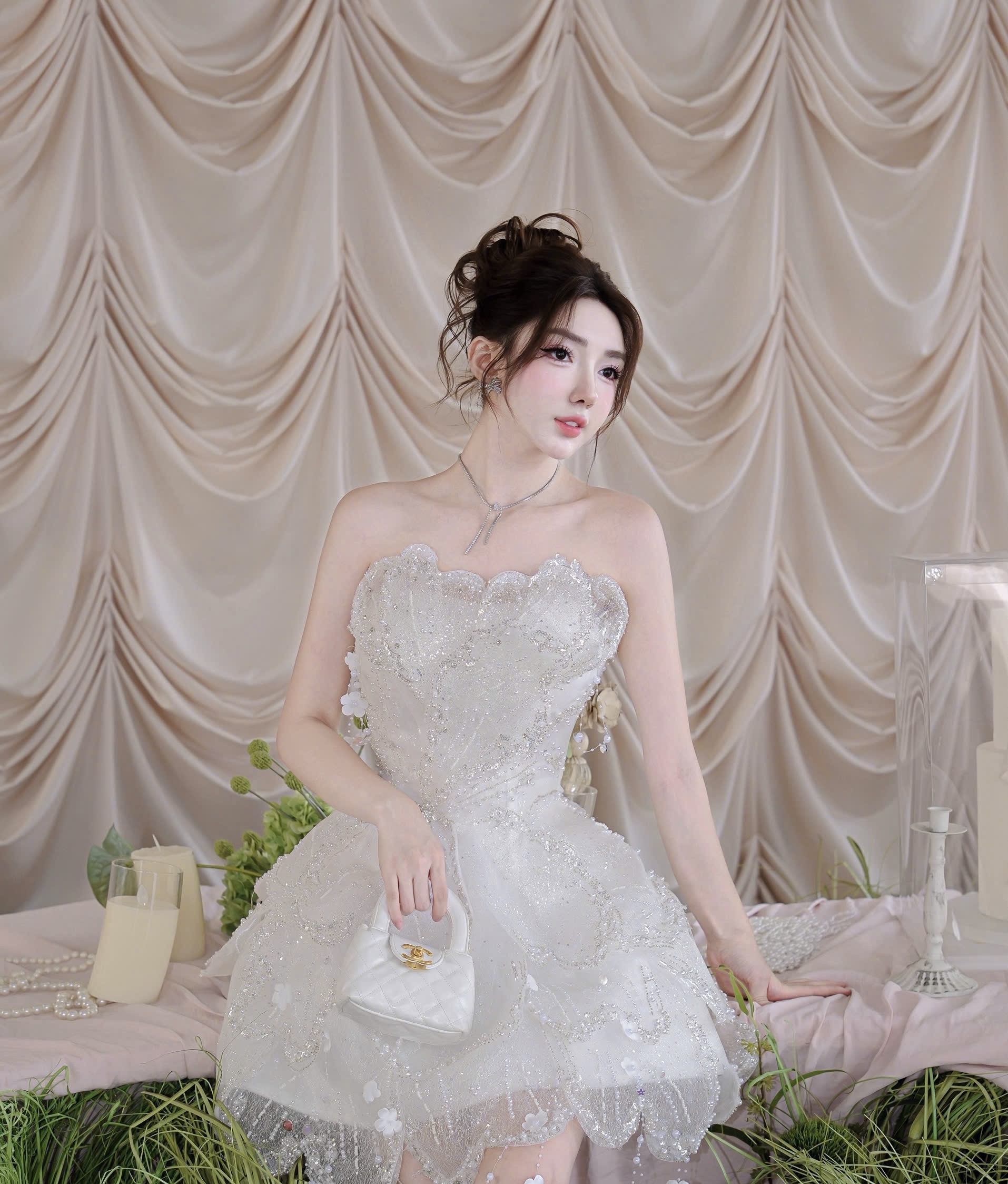 ชุดเดรส เกาะอก แต่งมุก+กลิตเตอร์ สีขาว 2039 Size S-M BKK - Image 2