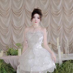 ชุดเดรส เกาะอก แต่งมุก+กลิตเตอร์ สีขาว 2039 Size S-M BKK