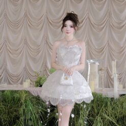 ชุดเดรส เกาะอก แต่งมุก+กลิตเตอร์ สีขาว 2039 Size S-M BKK