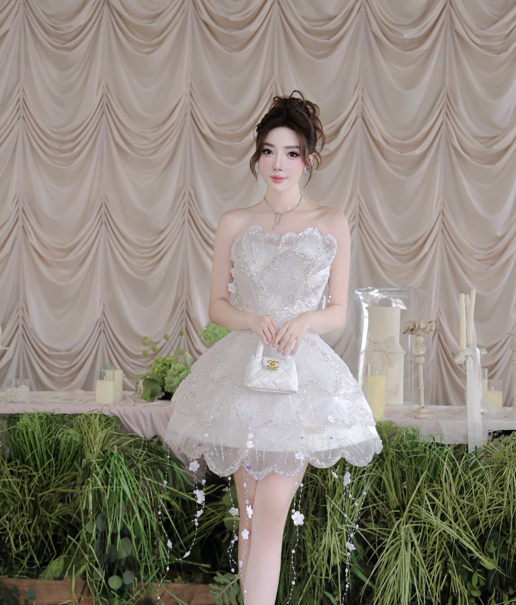ชุดเดรส เกาะอก แต่งมุก+กลิตเตอร์ สีขาว 2039 Size S-M BKK - Image 4