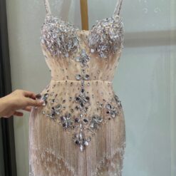 ชุดเดรส สายเดี่ยว แต่งเพชร สีครีม 2096 Size M BKK