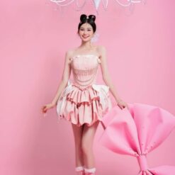 ชุดเดรส เกาะอก แต่งโบว์+เพชร สีชมพู สีบานเย็น 2112 Size S BKK