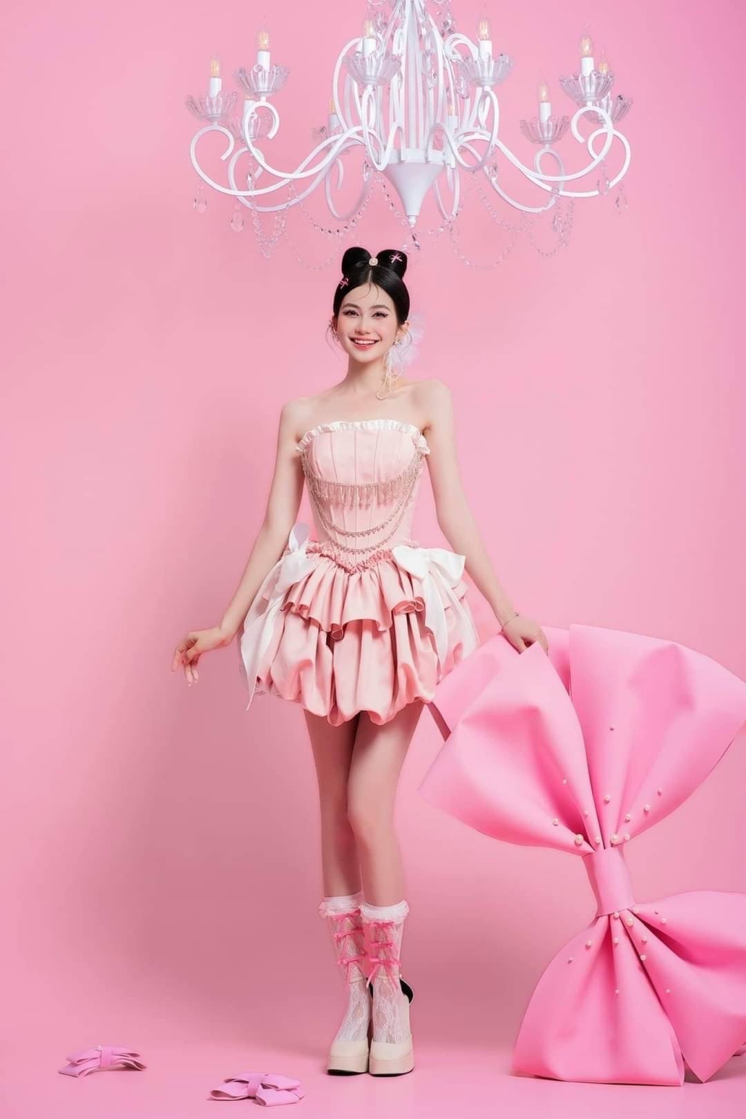 ชุดเดรส เกาะอก แต่งโบว์+เพชร สีชมพู สีบานเย็น 2112 Size S BKK - Image 4