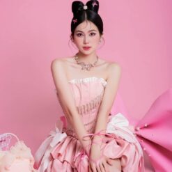 ชุดเดรส เกาะอก แต่งโบว์+เพชร สีชมพู สีบานเย็น 2112 Size S BKK