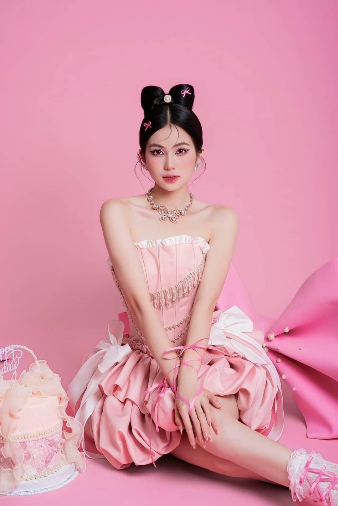 ชุดเดรส เกาะอก แต่งโบว์+เพชร สีชมพู สีบานเย็น 2112 Size S BKK - Image 5