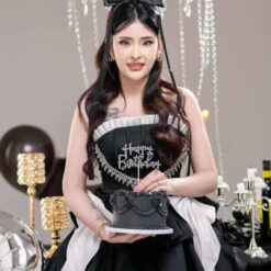 ชุดเดรส เกาะอก แต่งโบว์+เพชร สีดำ 2116 Size S BKK