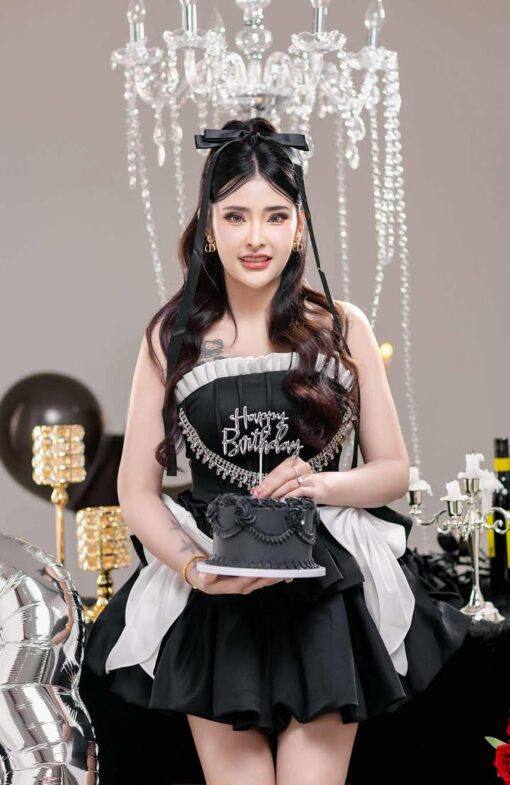 ชุดเดรส เกาะอก แต่งโบว์+เพชร สีดำ 2116 Size S BKK - Image 3