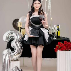 ชุดเดรส เกาะอก แต่งโบว์+เพชร สีดำ 2116 Size S BKK