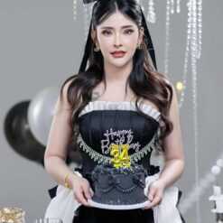 ชุดเดรส เกาะอก แต่งโบว์+เพชร สีดำ 2116 Size S BKK