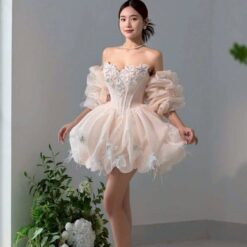 ชุดเดรส เกาะอก แต่งดอก+กลิตเตอร์ สีชมพู 2017 Size M BKK