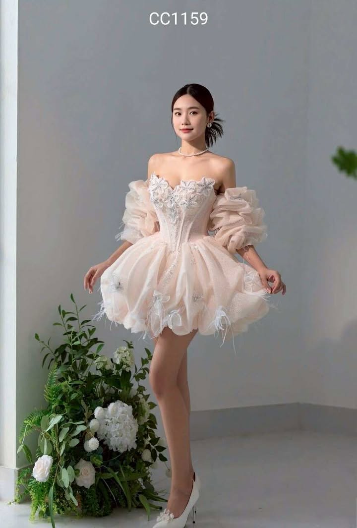 ชุดเดรส เกาะอก แต่งดอก+กลิตเตอร์ สีชมพู 2017 Size M BKK - Image 5