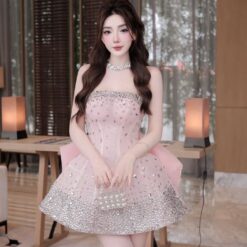 ชุดเดรส เกาะอก แต่งเพชรกลิตเตอร์+โบว์ สีชมพู 2034 Size S BKK