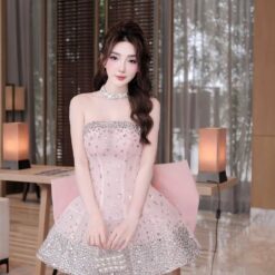 ชุดเดรส เกาะอก แต่งเพชรกลิตเตอร์+โบว์ สีชมพู 2034 Size S BKK