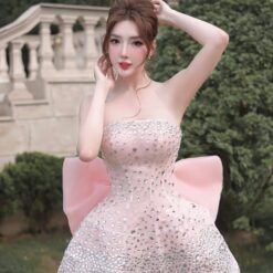 ชุดเดรส เกาะอก แต่งเพชรกลิตเตอร์+โบว์ สีชมพู 2034 Size S BKK