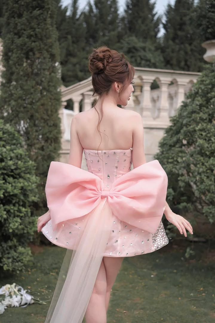 ชุดเดรส เกาะอก แต่งเพชรกลิตเตอร์+โบว์ สีชมพู 2034 Size S BKK - Image 6