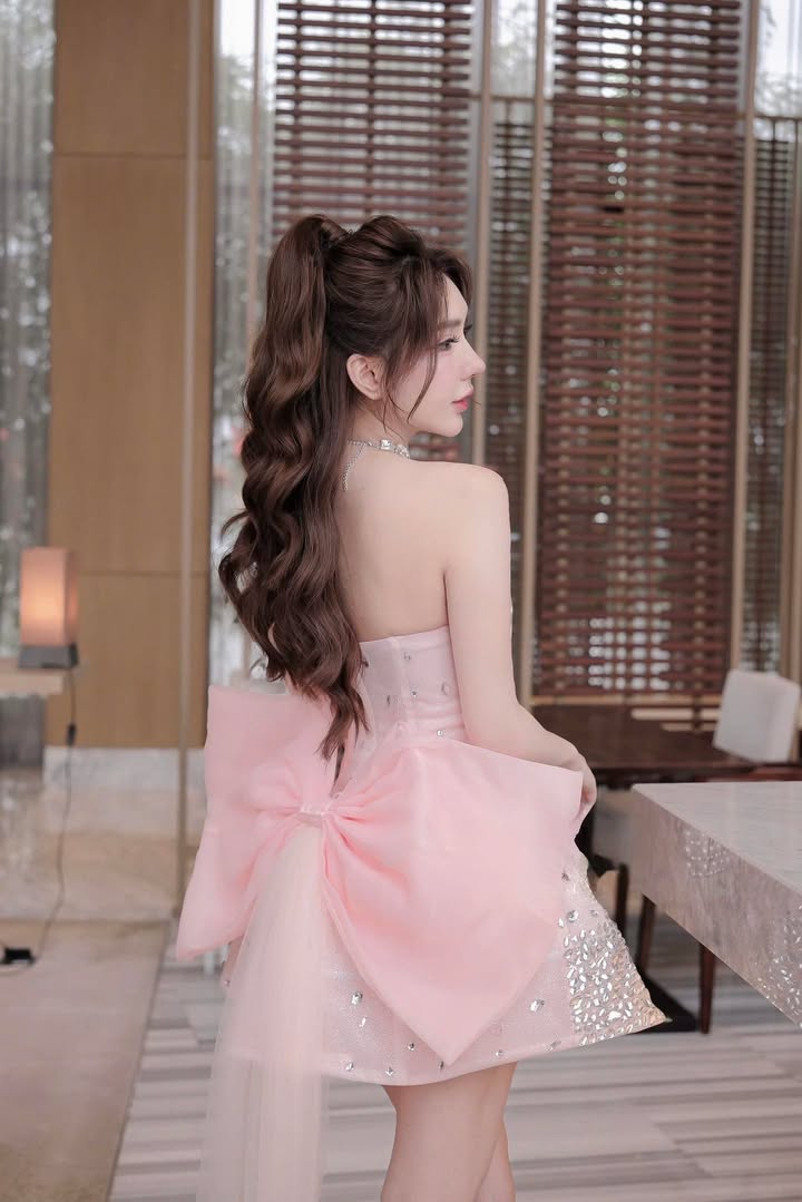 ชุดเดรส เกาะอก แต่งเพชรกลิตเตอร์+โบว์ สีชมพู 2034 Size S BKK - Image 7
