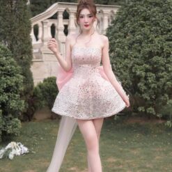 ชุดเดรส เกาะอก แต่งเพชรกลิตเตอร์+โบว์ สีชมพู 2034 Size S BKK