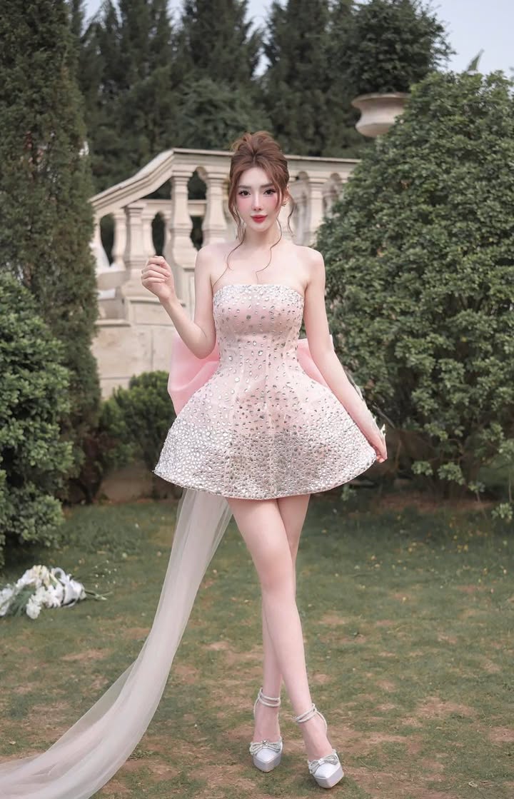 ชุดเดรส เกาะอก แต่งเพชรกลิตเตอร์+โบว์ สีชมพู 2034 Size S BKK - Image 2