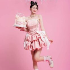 ชุดเดรส เกาะอก แต่งโบว์+เพชร สีชมพู สีบานเย็น 2112 Size S BKK