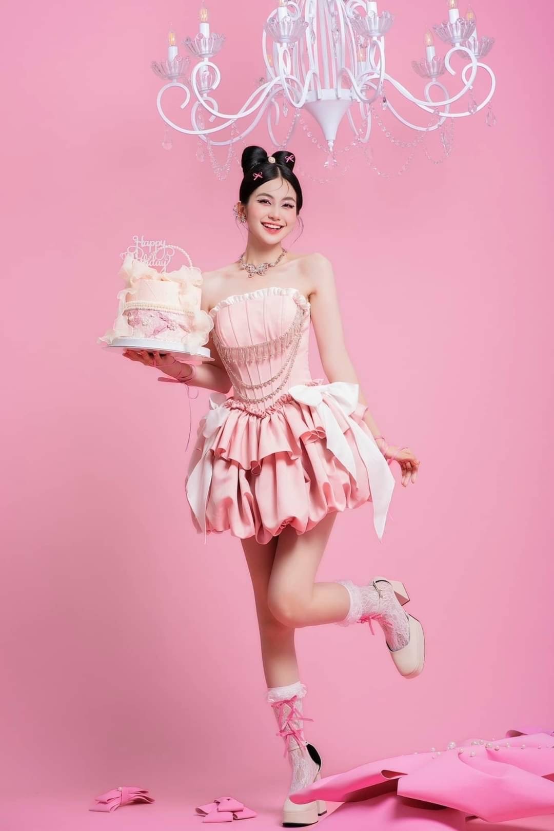 ชุดเดรส เกาะอก แต่งโบว์+เพชร สีชมพู สีบานเย็น 2112 Size S BKK - Image 3