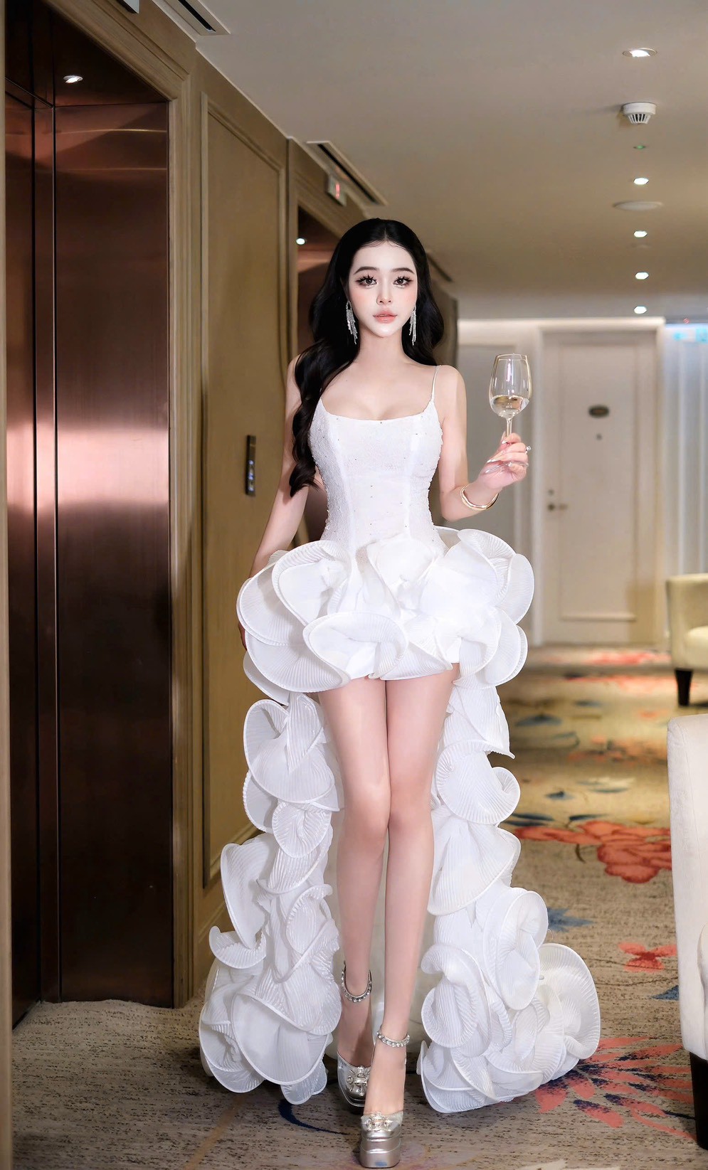 ชุดเดรส สายเดี่ยว แต่งดอก+หางยาว สีขาว 2023 Size S BKK - Image 3