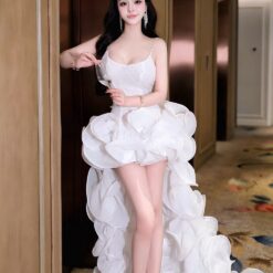 ชุดเดรส สายเดี่ยว แต่งดอก+หางยาว สีขาว 2023 Size S BKK