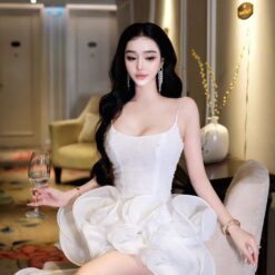 ชุดเดรส สายเดี่ยว แต่งดอก+หางยาว สีขาว 2023 Size S BKK
