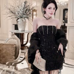 ชุดเดรส เกาะอก แต่งเพชร+ดอก 2009 Size M BKK