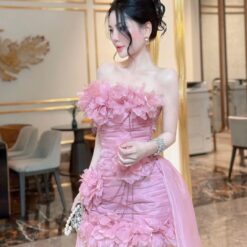 ชุดเดรส เกาะอก แต่งดอก สีชมพู แต่งหาง 2008 BKK Size M BKK