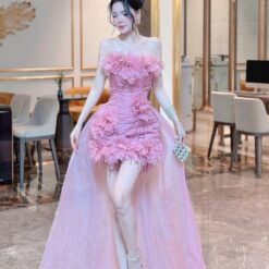 ชุดเดรส เกาะอก แต่งดอก สีชมพู แต่งหาง 2008 BKK Size M BKK