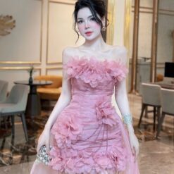 ชุดเดรส เกาะอก แต่งดอก สีชมพู แต่งหาง 2008 BKK Size M BKK