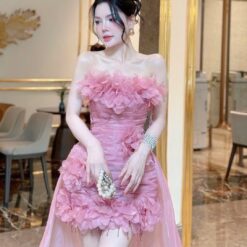 ชุดเดรส เกาะอก แต่งดอก สีชมพู แต่งหาง 2008 BKK Size M BKK