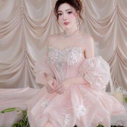 ชุดเดรส เกาะอก แต่งดอก+กลิตเตอร์ สีชมพู 2017 Size M BKK