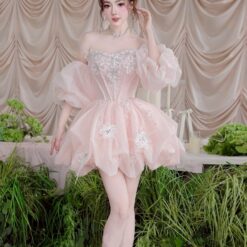 ชุดเดรส เกาะอก แต่งดอก+กลิตเตอร์ สีชมพู 2017 Size M BKK