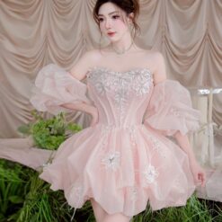ชุดเดรส เกาะอก แต่งดอก+กลิตเตอร์ สีชมพู 2017 Size M BKK