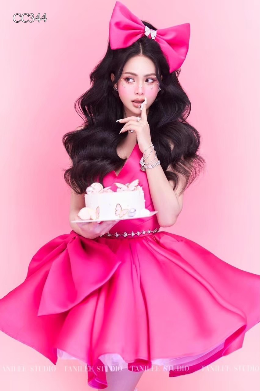 ชุดเดรส เกาะอก แต่งโบว์ สีบานเย็น 2111 Size S BKK - Image 2