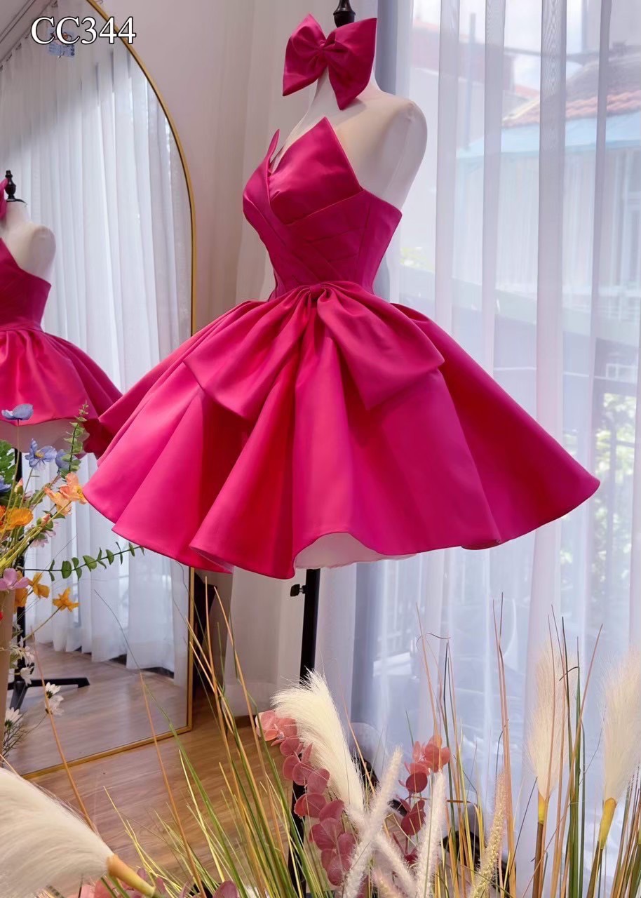 ชุดเดรส เกาะอก แต่งโบว์ สีบานเย็น 2111 Size S BKK - Image 5