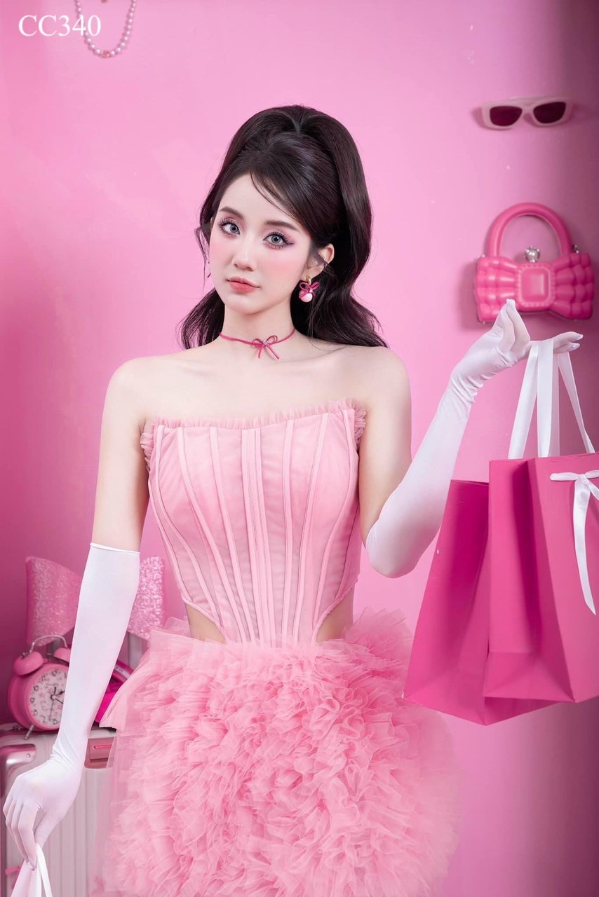 ชุดเซ็ท 3 ชิ้น เสื้อ+กระโปรง+ผ้าคลุม สีชมพู 4005 Size S BKK - Image 3