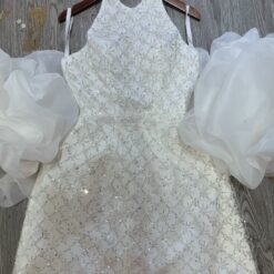 ชุดเดรส คล้องคอ แต่งกลิตเตอร์+แขน สีขาว 2046 Size M BKK
