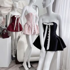 ชุดเดรส เกาะอก แต่งโบว์ สีแดง Brand เวียดนามแท้ 2144 Size S-M BKK