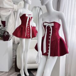 ชุดเดรส เกาะอก แต่งโบว์ สีแดง Brand เวียดนามแท้ 2144 Size S-M BKK