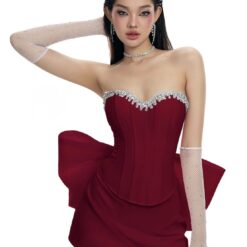 ชุดเซ็ท 3ชิ้น แต่งโบว์ แต่งเพชร สีแดง 4014 Size M BKK