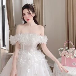 ชุดเดรส ปาดไหล่ แต่งดอก สีขาว 2049 Size M BKK