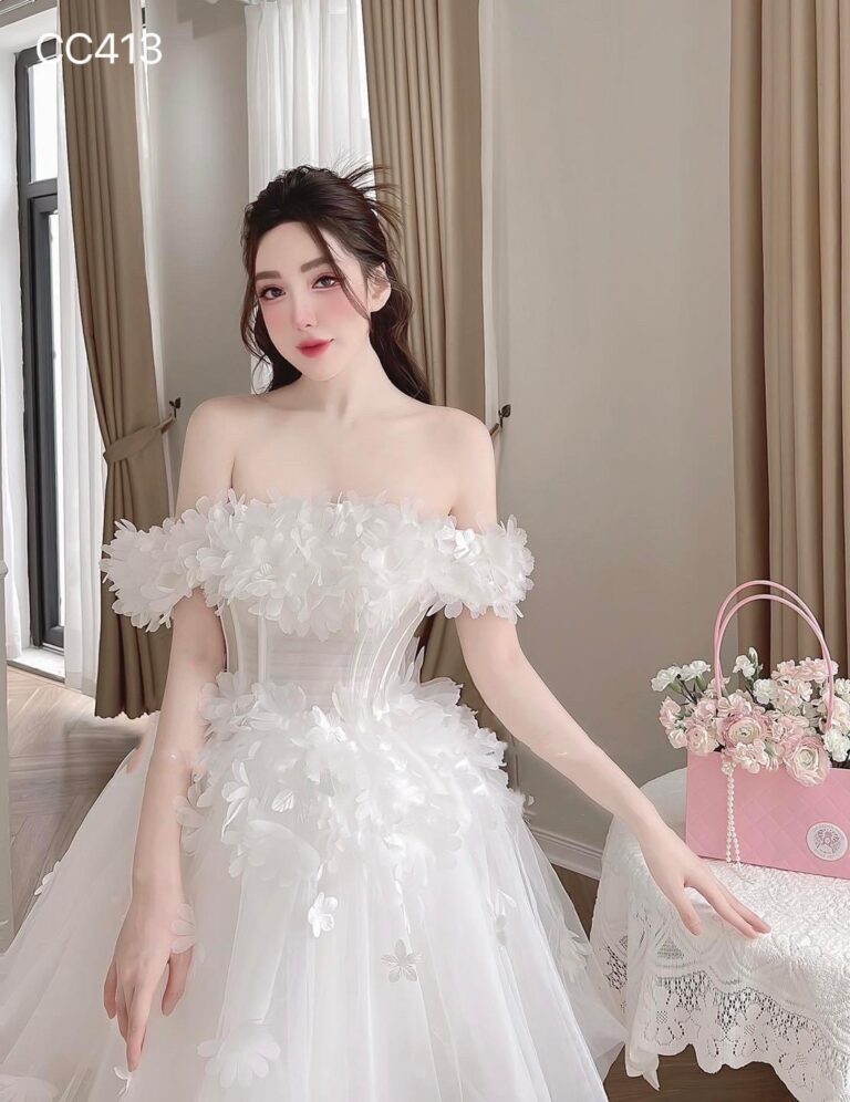 ชุดเดรส ปาดไหล่ แต่งดอก สีขาว 2049 Size M BKK - Image 3