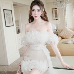 ชุดเดรส ปาดไหล่ แต่งดอก สีขาว-ครีม 2003 Size S BKK