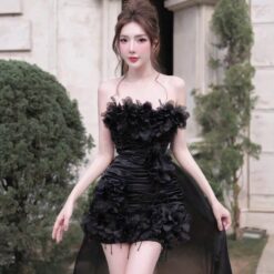 ชุดเดรส เกาะอก แต่งดอก สีดำ 2007 Size M BKK