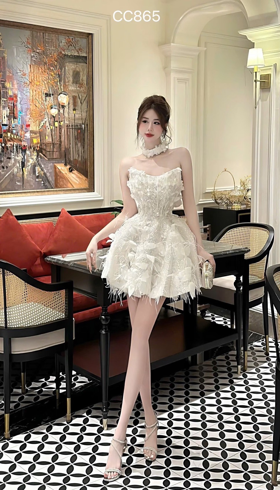 ชุดเดรส เกาะอก แต่งขน+กลิตเตอร์ สีขาว 2010 Size M BKK - Image 4