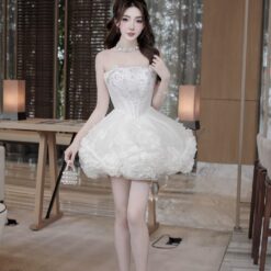 ชุดเดรส เกาะอก แต่งดอก+กลิตเตอร์ สีขาว 2020 Size S BKK