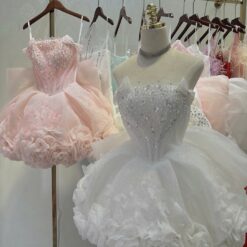 ชุดเดรส เกาะอก แต่งดอก+กลิตเตอร์ สีขาว 2020 Size S BKK